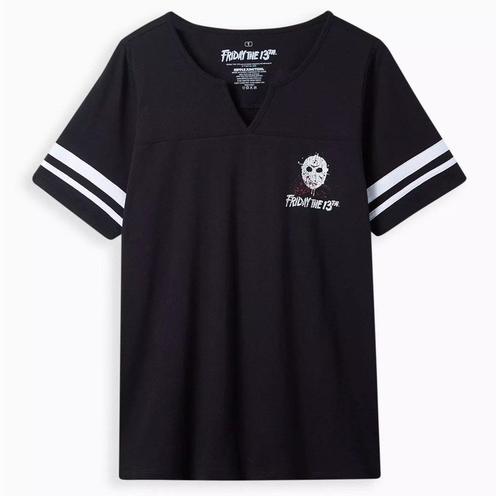 NWT FRIDAY THE 13TH SPLIT NECK FOOTBALL GRAPHIC TEE JASON 80S NOSTALGIA HORROR